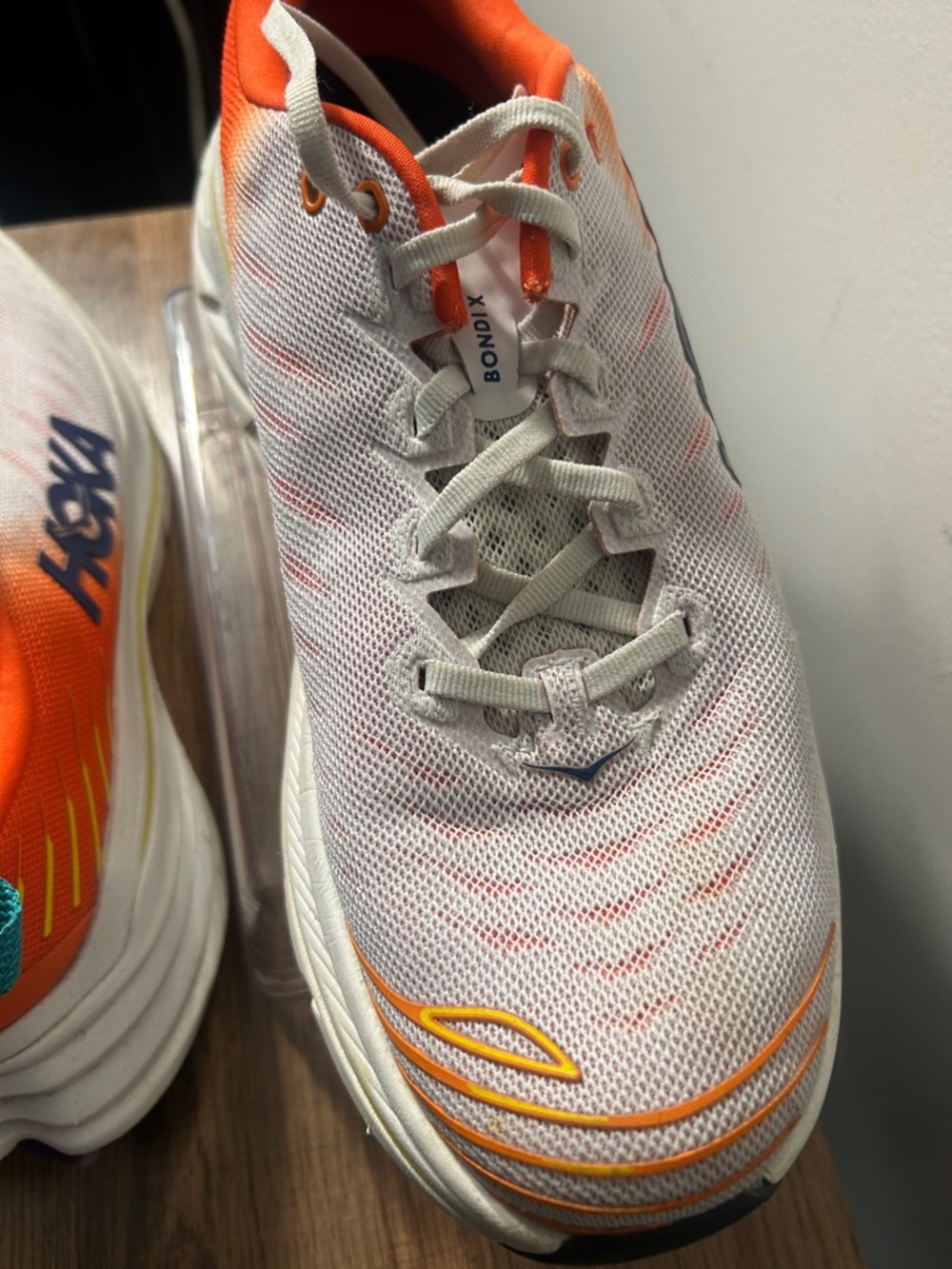 Hoka White Shoes with Orange Lining and Blue Logo - Picture 3 of 8